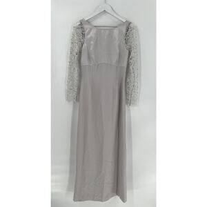 Adrianna Papell Evening Dress Gown Womens 8 Silver Gray Satin Lace Sleeve Sequin